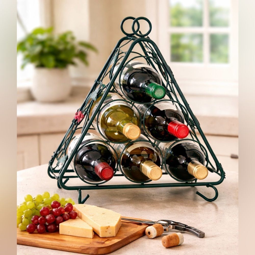 Green Metal Wine Rack Ivy Grape Decor Holds 6 Bottles